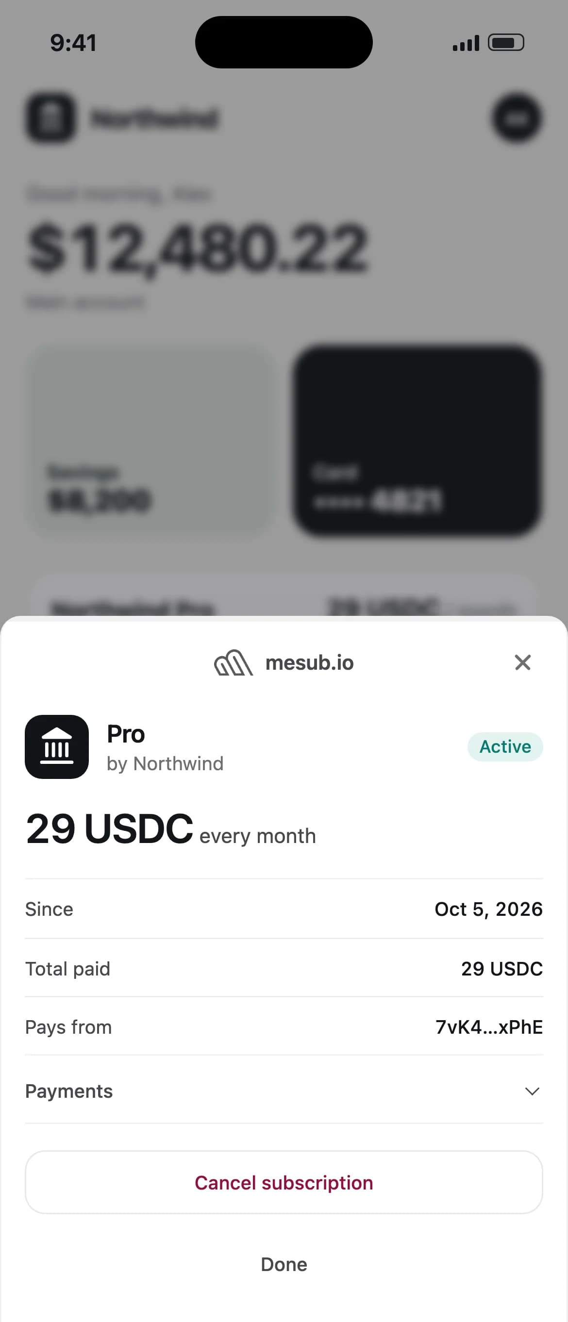A bank's app on a phone with the Mesub manage window open from the bottom: Pro by Northwind, active, 29 USDC every month, its payments, and a Cancel subscription button.