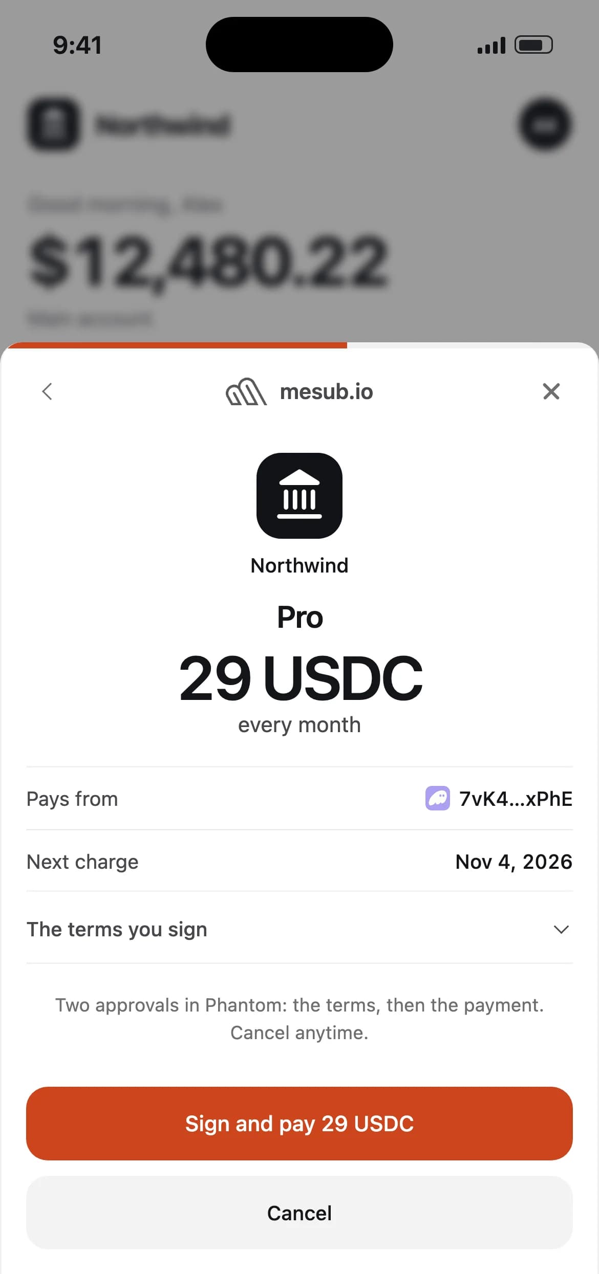 A bank's app on a phone with the Mesub subscribe window open over it: Northwind, Pro, 29 USDC every month, paid from a Phantom wallet, and a Sign and pay button.